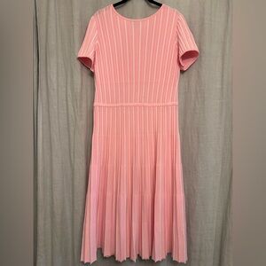 Ming Wang Pink & White Striped Knit Pleated Fit & Flare Midi Dress - Small